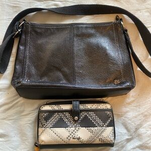 The Sak Black Leather Crossbody with Monochrome Printed Flap and Wallet Clutch